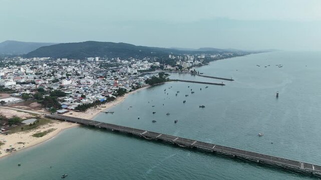 Duong Dong Town, Phu Quoc Island, An Giang (Kien Giang) Province, Southern Vietnam &ndash; 4K aerial drone footage of city centre, coastal harbour, fishing village, shoreline in the Gulf of Thailand
