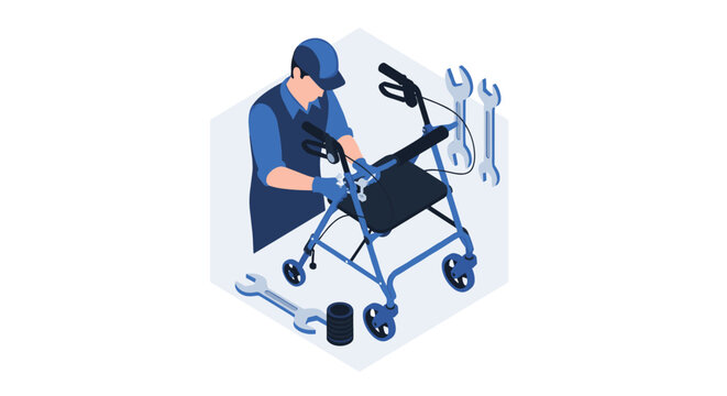 An isometric illustration depicts a male technician in a blue uniform and cap repairing a four-wheeled rollator walker with various tools inside a hexagonal frame.