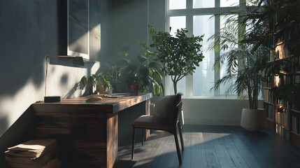 Fototapeta premium Bright sunny home office with plants and clean desk workspace