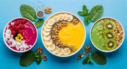 Vibrant Smoothie Bowls with Fresh Fruits, Nuts, and Seeds Arranged Artfully on a Blue Wooden Surface
