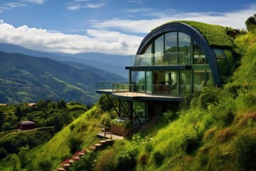 Fototapeta premium Sustainable architecture integrating a modern house with a green roof into a lush mountain landscape