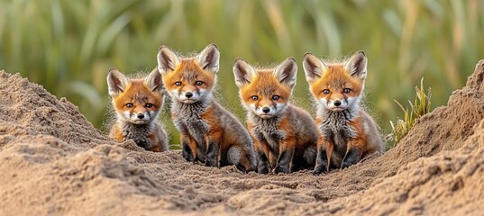 Fototapeta premium Adorable red fox family portrait featuring four playful cubs in a sandy habitat, looking at you.