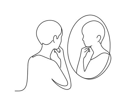 Quiet Contemplation. Minimalistic one-line drawing person looking into a simple mirror representing