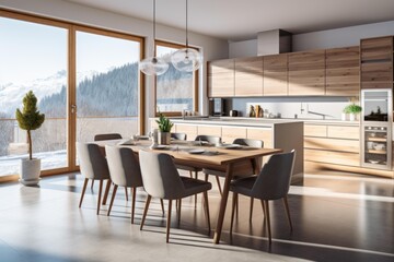 Fototapeta premium Contemporary open concept kitchen and dining room overlooking snowy winter mountains