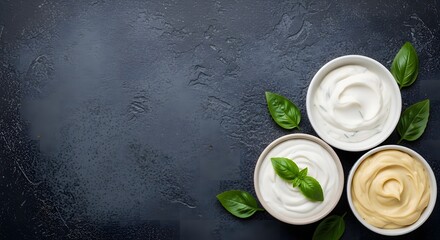 Three bowls of creamy dips, yogurt, and mayonnaise garnished with fresh basil leaves on a dark textured background.