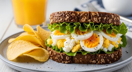 Delicious Egg Salad Sandwich with Crispy Potato Chips and Fresh Orange Juice on a Plate