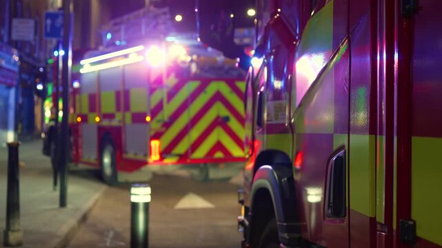 Urban emergency vehicles lining residential street at night with warning lights flashing. City firefighting trucks standing in neighborhood during active emergency response under streetlights