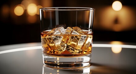 Close-up shot of a clear glass filled with amber whiskey and ice cubes on a reflective surface
