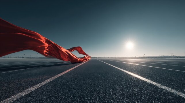 Flowing Red Fabric on an Open Track with Sunlight and Clear Sky Creating a Dramatic, Ethereal Scene