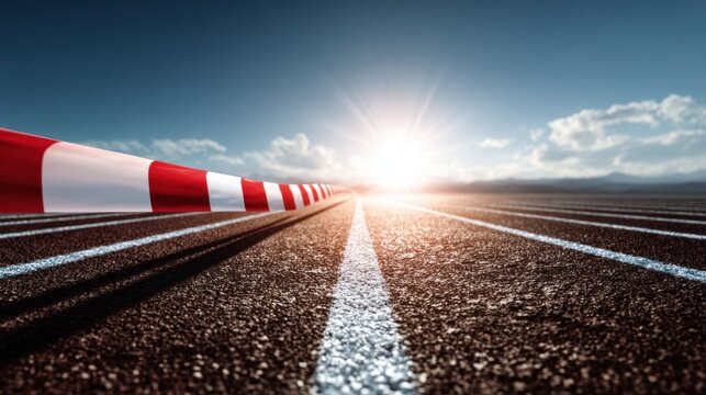 Stretch of Open Road with Sunrise Over Horizon and Caution Tape Marking Pathway