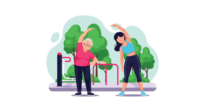 An elderly woman and a young female trainer perform side-bend stretches together in a green park with outdoor fitness equipment.