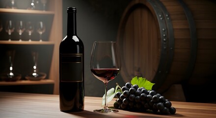 A dark bottle of red wine, a glass of poured wine, and fresh grapes sit on a wooden surface, evoking a cellar atmosphere.