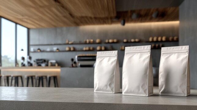 Three blank white coffee bags on a counter in a modern cafe.