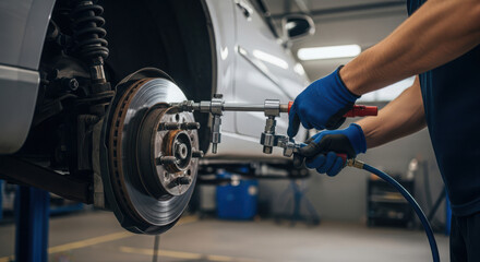 Fototapeta premium Focused view of a mechanic in blue gloves performing a brake fluid bleeding operation on a car using a professional tool in a bright auto service center.