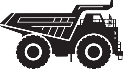 Obraz premium Black silhouette of large mining truck with massive wheels and elevated cargo bed on transparent background vector illustration for industry