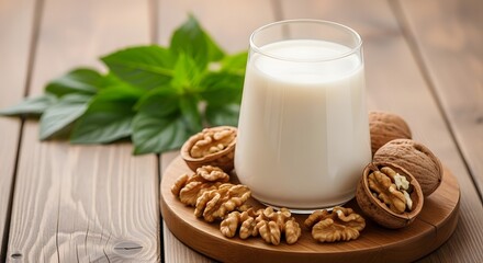 A glass of creamy walnut milk surrounded by fresh walnuts and vibrant green leaves on a wooden surface.