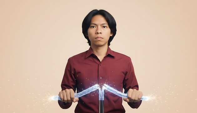 Young asian man holding a glowing broken digital connection with electric sparks on a beige studio background