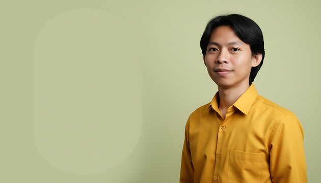 Young professional asian man in a vibrant yellow collared shirt presenting an assured expression against a soft green studio backdrop
