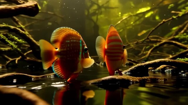 Two colorful discus fish swimming in a tranquil aquarium setting with submerged branches and aquatic plants