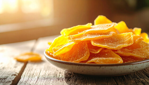 Dried mango slices neatly arranged on small ceramic plate, rustic wooden table, sweet and organic snack