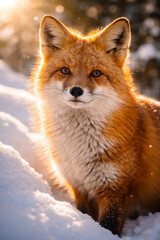 Fototapeta premium Majestic red fox in the snowy landscape at sunset