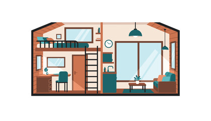 Cozy modern studio apartment interior with loft bed and open living space