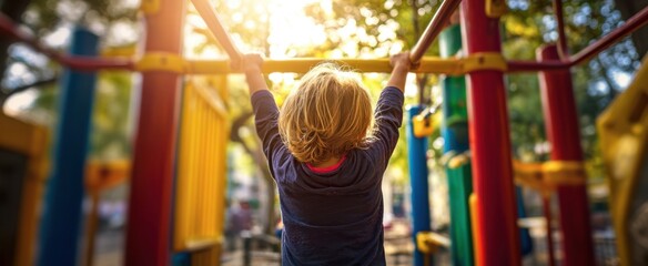 Fototapeta premium The Child Reaching Up on Colorful Playground Monkey Bars at Sunset
