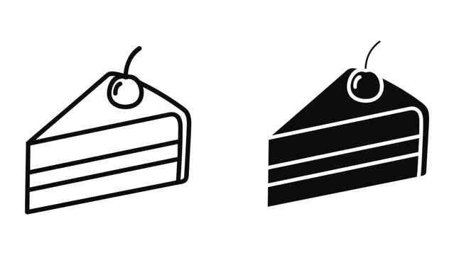 Slice of Cake Icon: Outline and Solid Fill, Topped with a Cherry - Vector Graphics