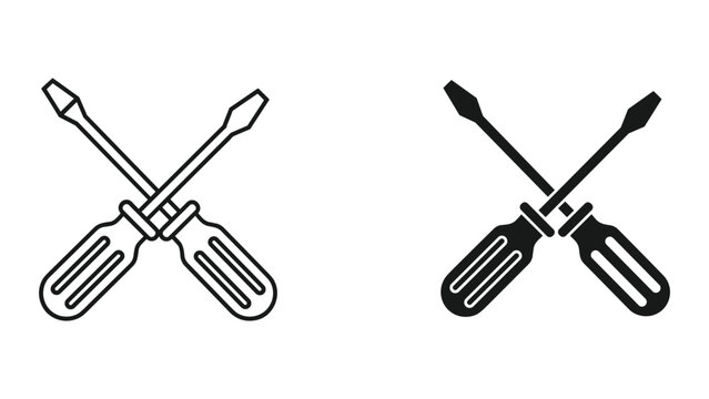 Two crossed screwdrivers icon, outline and silhouette, symbol for repair, construction, tools, and DIY projects