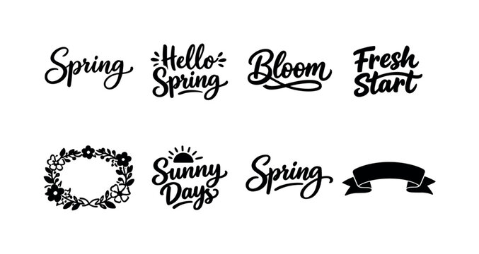 Spring Icons Grid. Handwritten spring lettering outline. Filled icon set of Handwritten spring lettering
