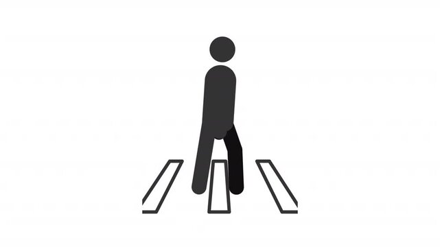 Person crossing road by zebra stickman animation silhouette. Pedestrian walking across street. Traffic safety. Simple human stick figure. Solid glyph pictogram HD video. Dynamic person movement