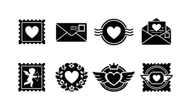Romantic postage line art set. Filled icon set of Romantic postage line art set: square stamp with heart