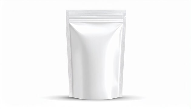 Blank white stand-up pouch template with a resealable zipper, perfect for product packaging mock-ups and branding designs