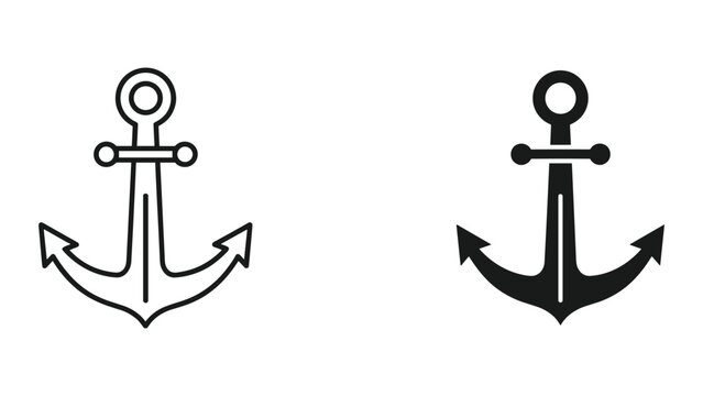 Nautical Anchor Icon Set: Outline and Solid Silhouette on White Background