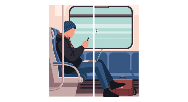 A young man wearing a beanie and earphones uses his smartphone and laptop while commuting on a train, with a soccer ball seen outside the window.