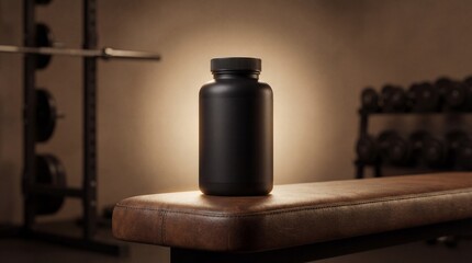 An evocative image presents a black supplement bottle, artfully positioned within a dimly lit gym setting. A strong emphasis on health and fitness is apparent.