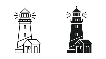 Lighthouse Icon Set - Line Art and Silhouette Designs for Nautical and Coastal Themes © SHAHRIYAR RASEL