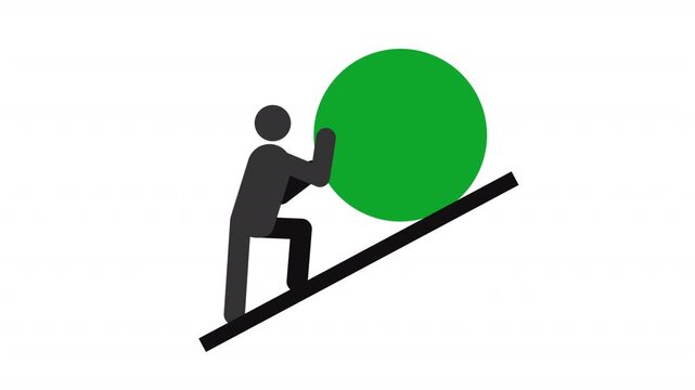 Person pushing sphere uphill stickman animation silhouette. Sisyphean labour. Dealing with hard tasks. Simple human stick figure. Solid glyph pictogram HD video. Dynamic person movement