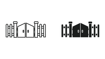 Naklejka premium Double Gate and Fence Icons - Outline and Solid Black Vector Illustrations