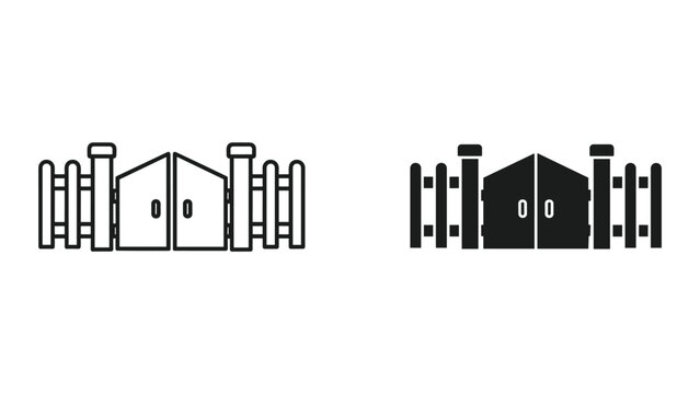 Double Gate and Fence Icons - Outline and Solid Black Vector Illustrations