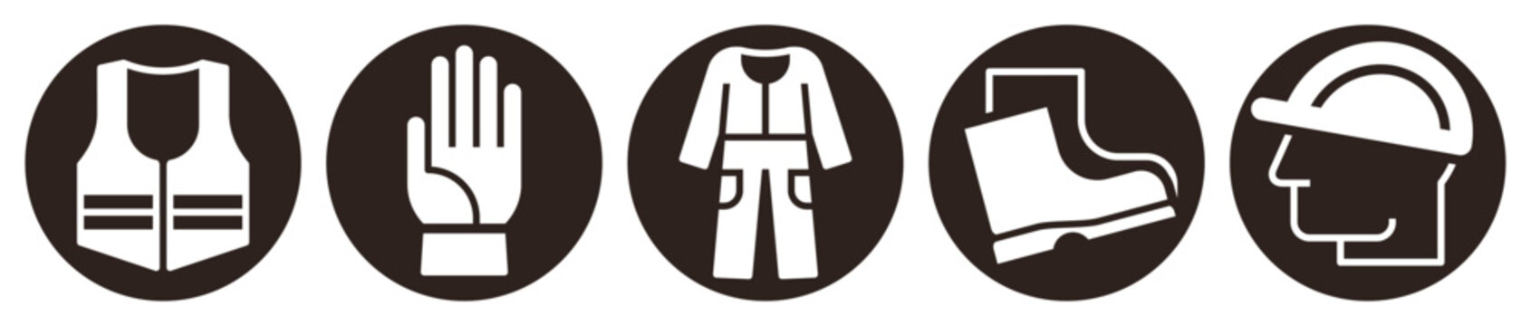 Protective clothing icon set. Personal Protective Equipment PPE signs. Reflective vest, construction gloves, protective clothing, safety boots and safety helmet.