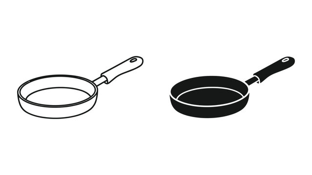 Two frying pans, one line art and one solid silhouette, isolated on white background