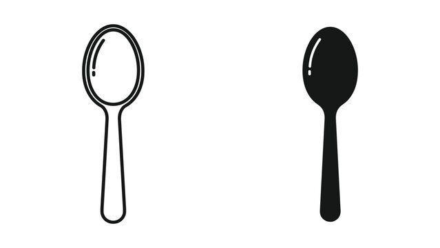 Outline and Solid Black Spoon Icons Isolated on White Background, Vector Illustration