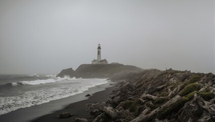 Coastal Lighthouse Perched on Rocky Cliff Under Overcast Sky.