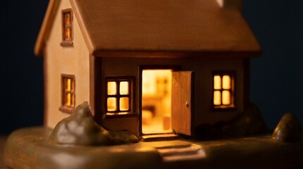 Naklejka premium A cozy miniature house glows with warmth, inviting the viewer into a haven of comfort and security. capturing the inviting ambiance with a focus on detail.