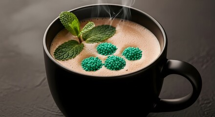 Steaming Hot Chocolate with Mint Garnish and Sweet Green Sprinkles in a Black Mug