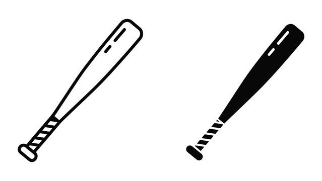 Baseball Bat Icons: Outline and Silhouette, Isolated on White Background
