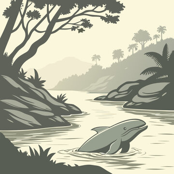 Rare Irrawaddy dolphin swimming in the Mekong River