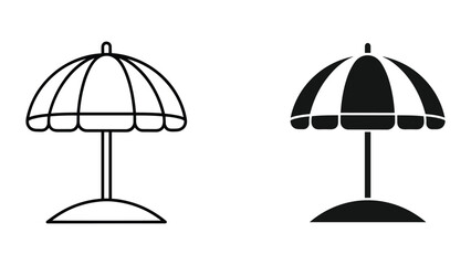 Fototapeta premium Beach Umbrella Icon Set: Outline and Solid Fill Styles, Minimalist Design on White Background