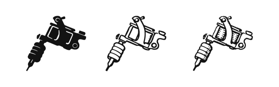 Tattoo machine icons set. Hand-drawn rotary tattoo gun vector illustration in solid, outline, and sketch styles.